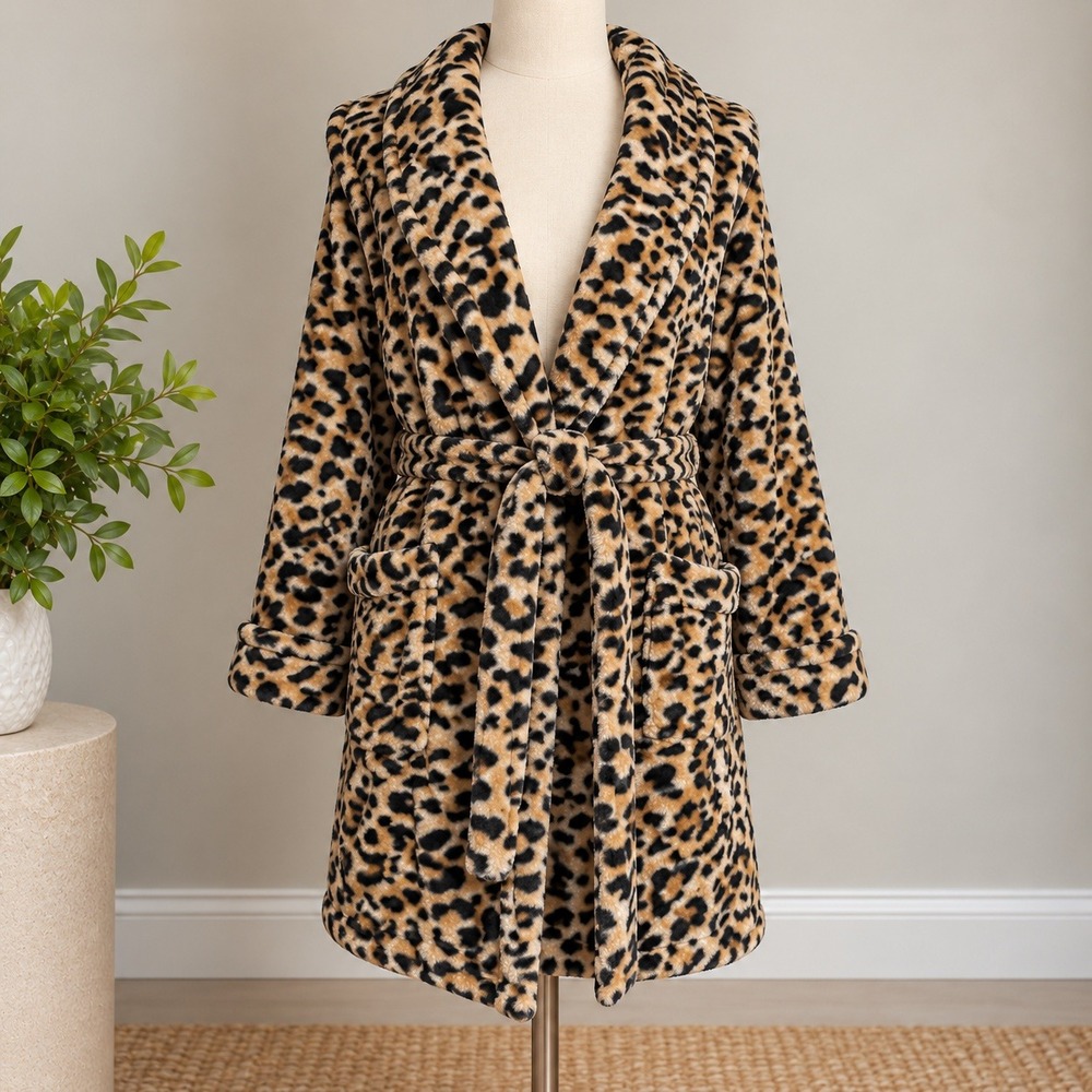 Betsey Johnson Robe Leopard Plush Hooded Fleece Animal Print Belted XS/S